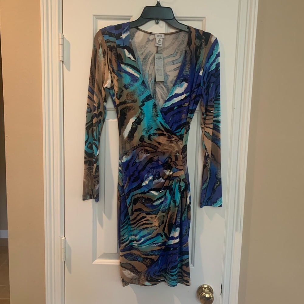 Cache Blue and Green Long Sleeve Ruched Wrap Dress